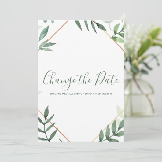 Groene bladeren en gouden rand veranderen de datum save the date (Staand voorkant)