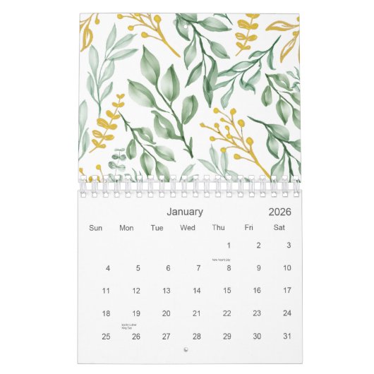 Groene bladeren en goudgele bloemen 2026 kalender (Jan 2026)