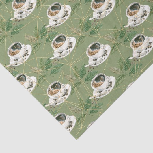 Groene bladeren en koffiebeker met bonen tissuepapier (Detail)