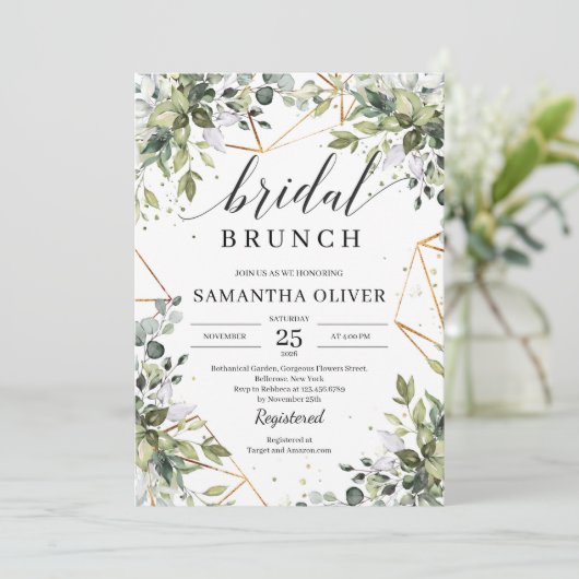 Groene bladeren en lijsten boho bridal brunch kaart (Staand voorkant)