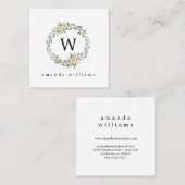 Groene bladeren en Peony Wreath en Monogram Vierkante Visitekaartje (Voorkant / Achterkant)
