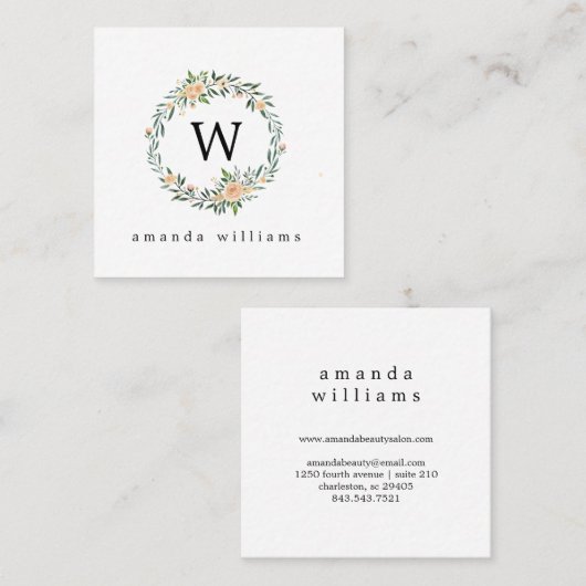 Groene bladeren en Peony Wreath en Monogram Vierkante Visitekaartje (Voorkant / Achterkant)