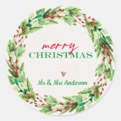 Groene bladeren en rode bloemige kerstkrans ronde sticker (Voorkant)