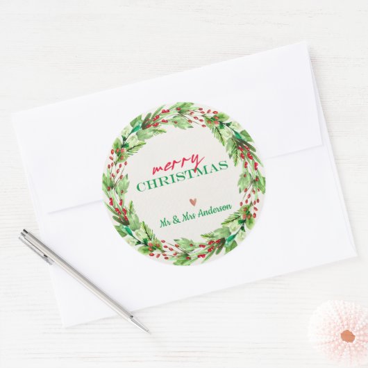 Groene bladeren en rode bloemige kerstkrans ronde sticker (Envelop)