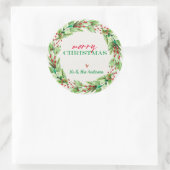 Groene bladeren en rode bloemige kerstkrans ronde sticker (Tas)