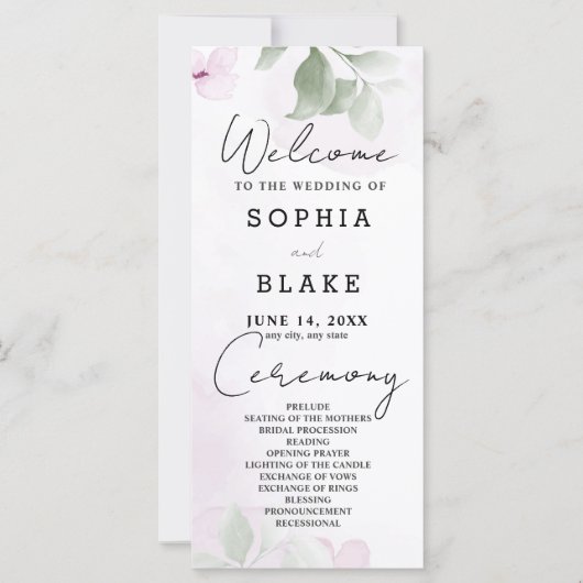 Groene bladeren en roze bloemen bruiloft programma (Voorkant)