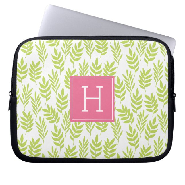 Groene bladeren en roze monogram laptop sleeve (Voorkant)