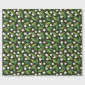 Groene bladeren en witte bloemen op groene achterg cadeaupapier (Vlak)