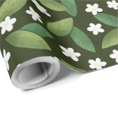 Groene bladeren en witte bloemen op groene achterg cadeaupapier (Rol Hoek)