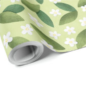 Groene bladeren en witte bloemen op groene achterg cadeaupapier (Rol Hoek)