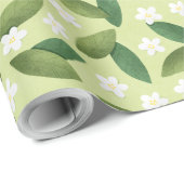 Groene bladeren en witte bloemen op groene achterg cadeaupapier (Rol Hoek)