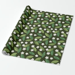 Groene bladeren en witte bloemen op groene achterg cadeaupapier