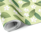 Groene bladeren en witte bloemen op groene achterg cadeaupapier (Rol Hoek)