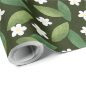 Groene bladeren en witte bloemen op groene achterg cadeaupapier (Rol Hoek)