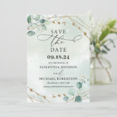 Groene bladeren eucalyptus bladeren lijst save the date (Staand voorkant)