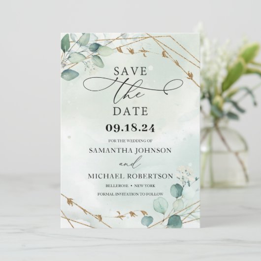 Groene bladeren eucalyptus bladeren lijst save the date (Staand voorkant)