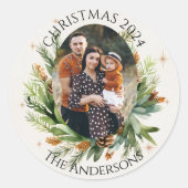 Groene Bladeren Familie Foto Prettig Kerstfeest Ronde Sticker (Voorkant)