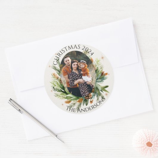 Groene Bladeren Familie Foto Prettig Kerstfeest Ronde Sticker (Envelop)