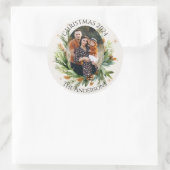 Groene Bladeren Familie Foto Prettig Kerstfeest Ronde Sticker (Tas)