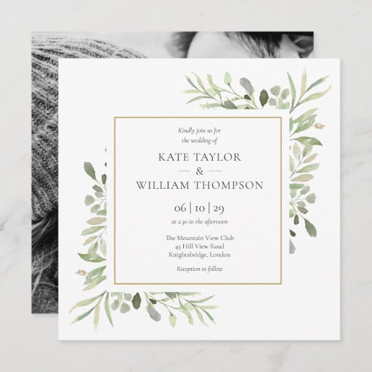 Groene Bladeren Foto Bruiloft Kaart (Voorkant / Achterkant)