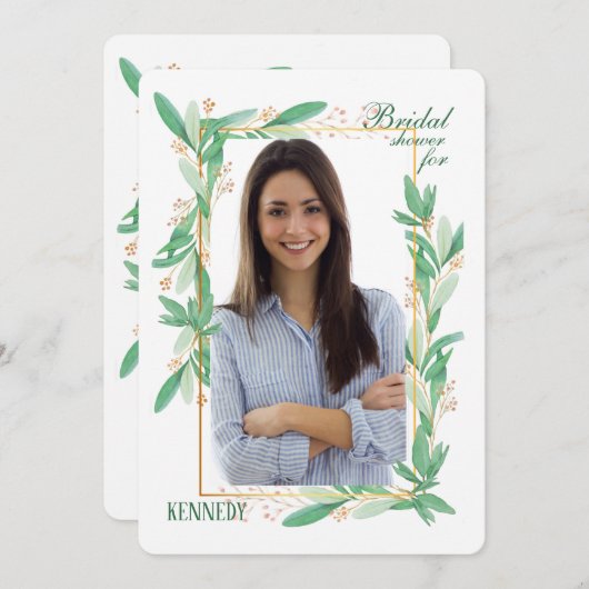 Groene Bladeren Foto Uitnodiging (Voorkant / Achterkant)