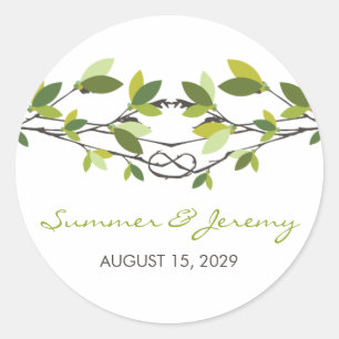 Groene bladeren geknoopt liefde bomen zomer bruilo ronde sticker
