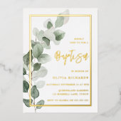 Groene Bladeren Goud Folie Jongen of Meisje Doop Folie Uitnodiging (Voorkant)