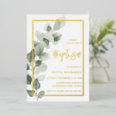 Groene Bladeren Goud Folie Jongen of Meisje Doop Folie Uitnodiging (Staand Voorkant)