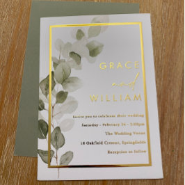 Groene bladeren Gouden Folie Rand Moderne bruiloft Uitnodiging