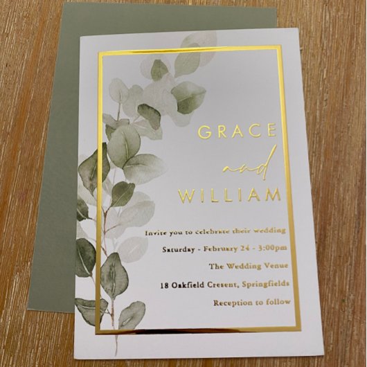 Groene bladeren Gouden Folie Rand Moderne bruiloft Uitnodiging