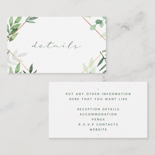 Groene bladeren, gouden grens, details bruiloft informatiekaartje (Voorkant / Achterkant)