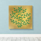 Groene bladeren groene tak op goud canvas afdruk (Insitu (Houten vloer))