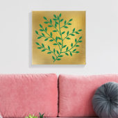 Groene bladeren groene tak op goud canvas afdruk (Insitu (Woonkamer))