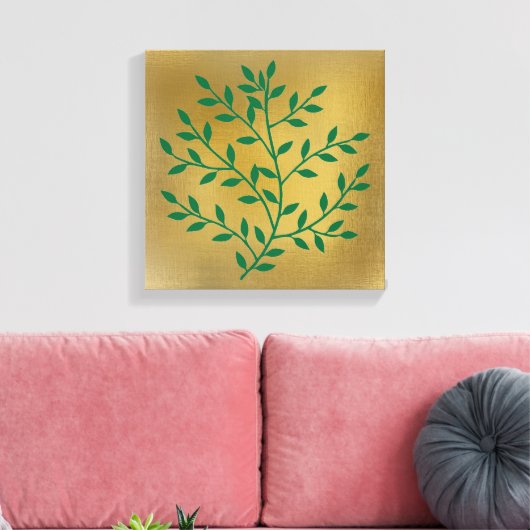 Groene bladeren groene tak op goud canvas afdruk (Insitu (Woonkamer))