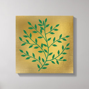 Groene bladeren groene tak op goud canvas afdruk