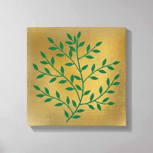 Groene bladeren groene tak op goud canvas afdruk (Voorkant)