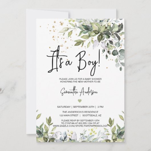 Groene bladeren Het is een Baby shower QR Code Fot Kaart (Voorkant)