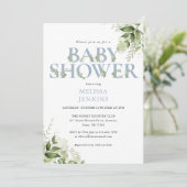 Groene Bladeren Jongen Stof Blauw Foto Baby Shower Kaart (Staand voorkant)