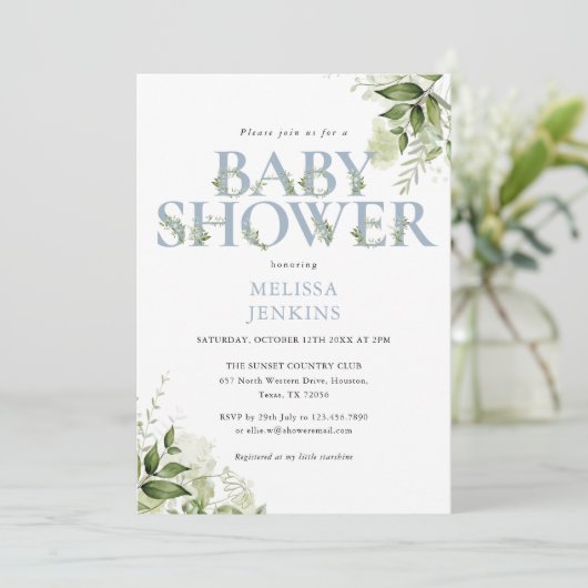 Groene Bladeren Jongen Stof Blauw Foto Baby Shower Kaart (Staand voorkant)