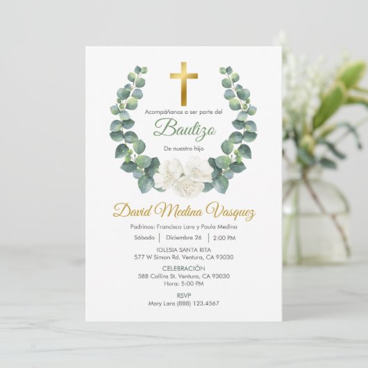 Groene bladeren krans doop uitnodiging in het Spaa (Staand voorkant)