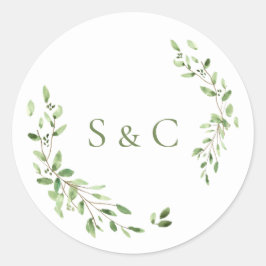 Groene bladeren krans Monogram bruiloft Ronde Sticker