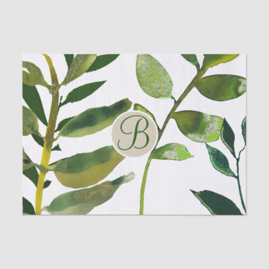 Groene Bladeren Monogram Letter Initiaal Tissuepapier (Voorkant)