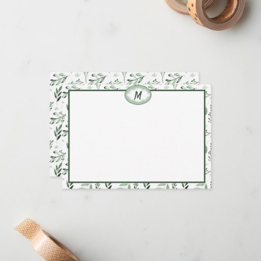 Groene bladeren monogram notitiekaartje (Voorkant / Achterkant in situ)