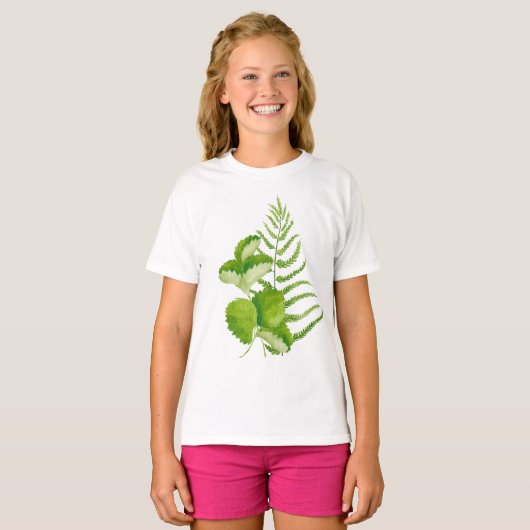 Groene bladeren op een T-shirt (Voorkant volledig)