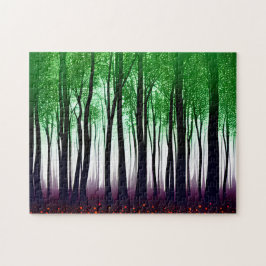 Groene bladeren op Silhouetbomen op Paarse grond Legpuzzel