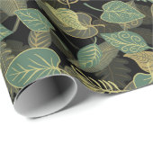 Groene bladeren op zwarte achtergrond cadeaupapier (Rol Hoek)