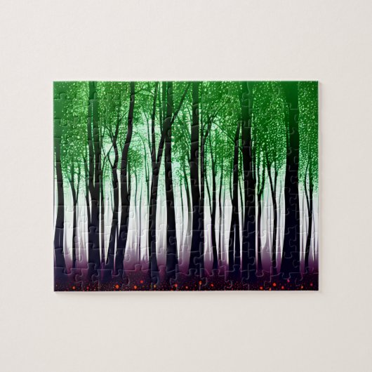 Groene bladeren op zwarte silhouet bomen legpuzzel (Horizontaal)
