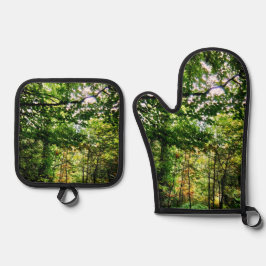 Groene bladeren ovenwant & pannenlap set