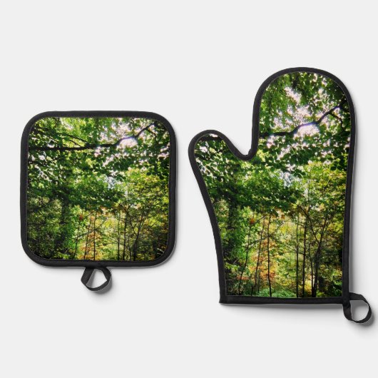 Groene bladeren ovenwant & pannenlap set (Voorkant)