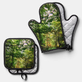 Groene bladeren ovenwant & pannenlap set (Voorkant / Achterkant)